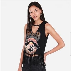 Express Black Graphic Fringe Cutout V‑Neck Tank
